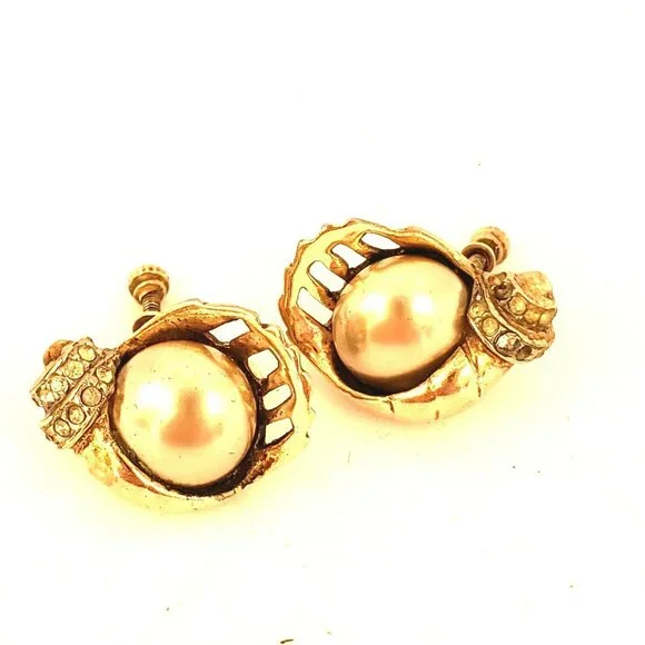Marslieu Sterling Silver Gold Nautilus Shell Pearl Brooch Earring Set Signed VTG